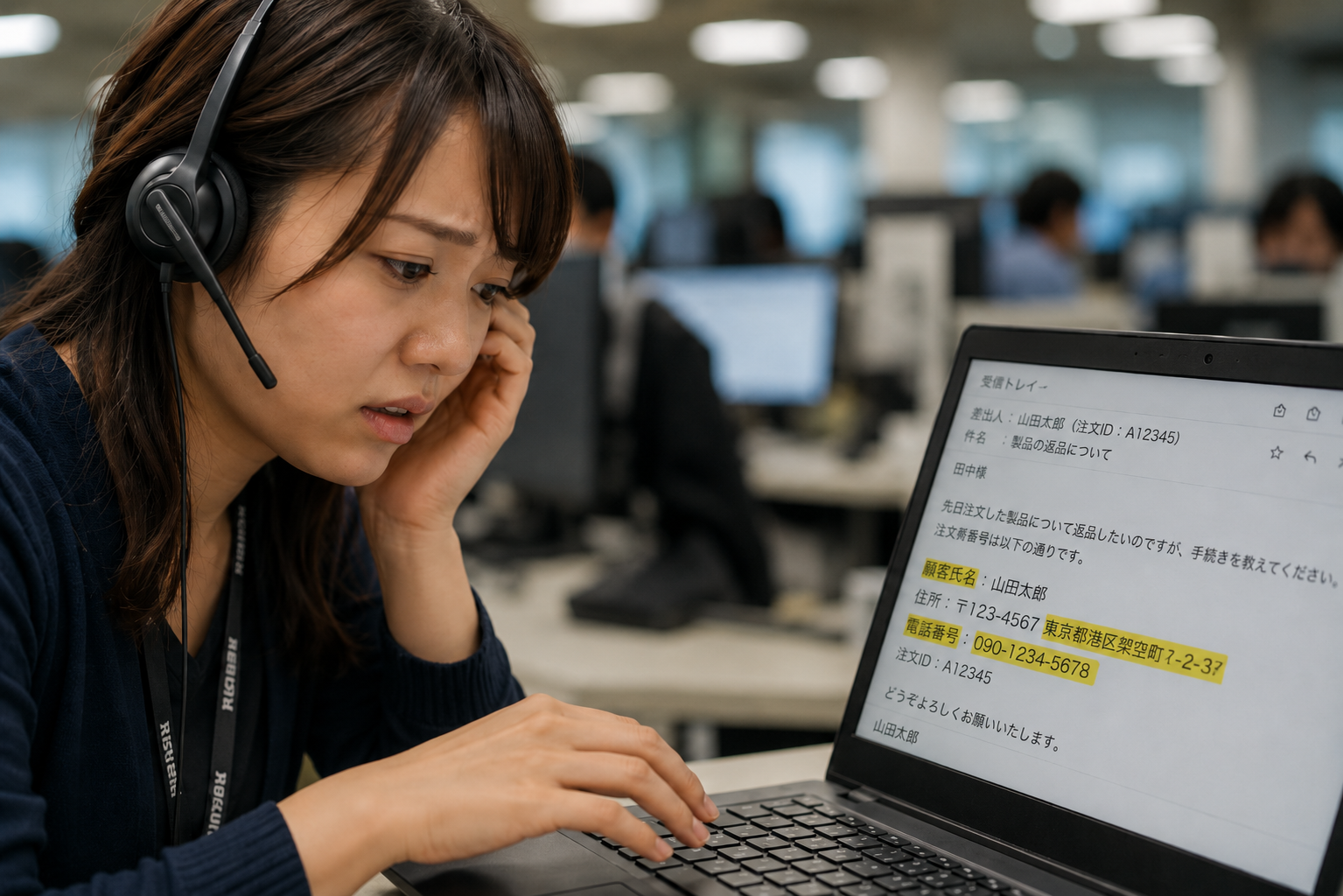 CS担当者が個人情報を含む問い合わせメールを見て困惑している場面